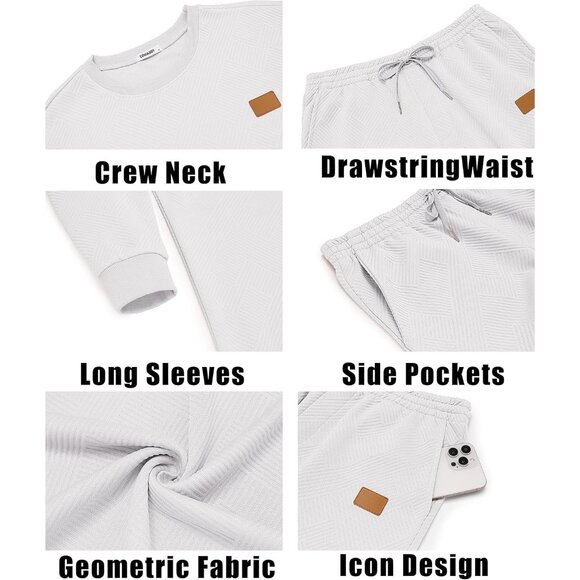 Men's 2 Piece Sweat suit Jogging Suit Set Long Sleeve Jacquard Shirt White - Picture 6 of 6